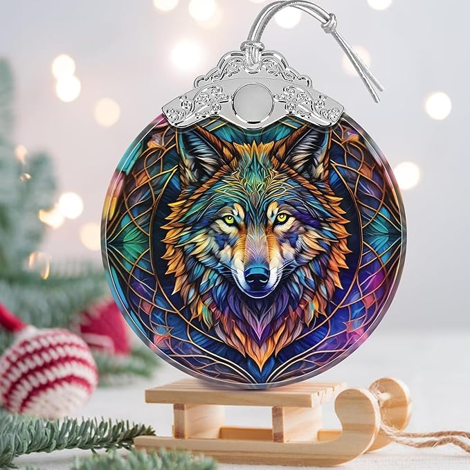Stained Glass Wolf Christmas Ornament - Holiday Home Decor - Tree Decoration - Gift Exchange Idea
