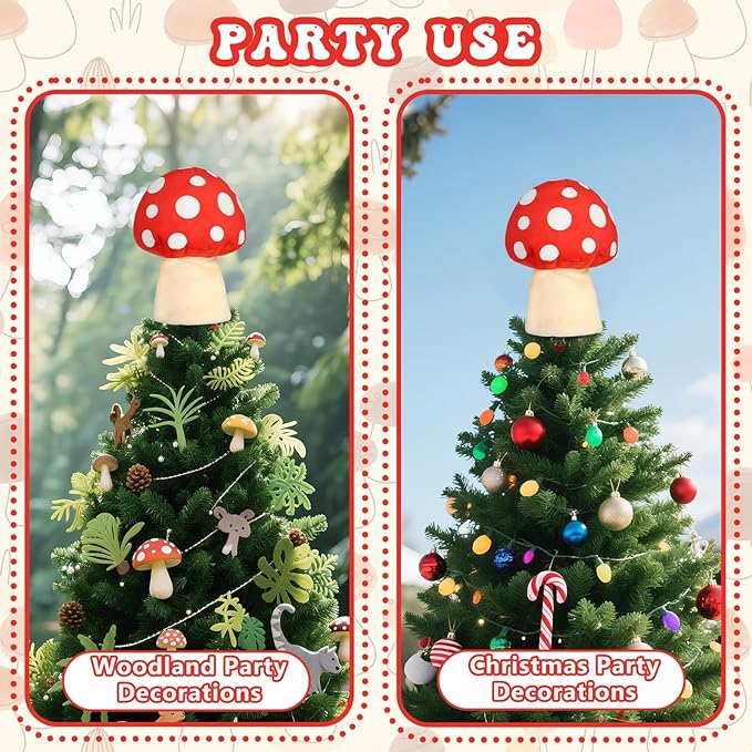 Eyourlife Mushroom Tree Topper, 9 Inch Christmas Tree Ornament, Red and White Farm Tree Topper Plush Stuffed Decorations for Christmas Holiday Birthday Indoor Party Supplies