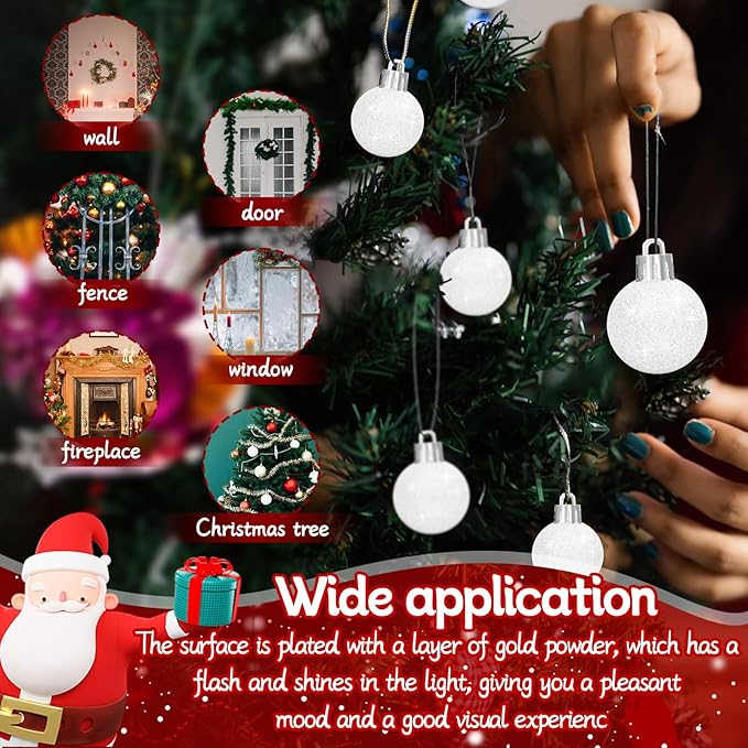 48Pcs Mini Christmas Balls Christmas Tree Decoration Ornaments Shatterproof Glitter Christmas Hanging Balls for Christmas Tree Party Wedding Indoor Outdoor Decoration(White, 1.2inch-48pcs)