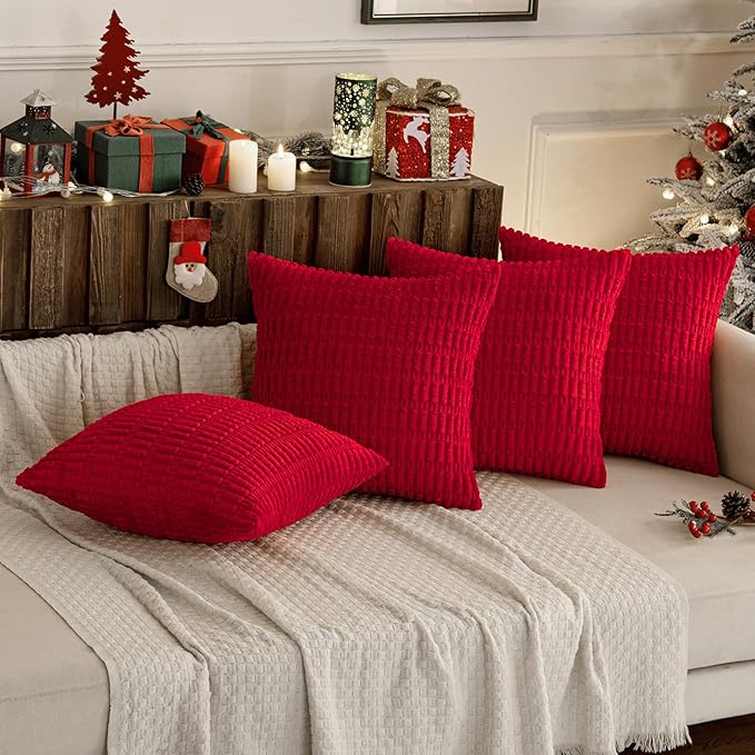 MIULEE Pack of 4 Christmas Red Corduroy Decorative Throw Pillow Covers 18x18 Inch Soft Boho Striped Pillow Covers Modern Farmhouse Home Decor for Sofa Living Room Couch Bed