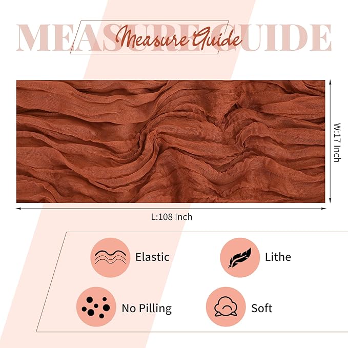 25 Pack Terracotta Cheesecloth Table Runner 17 x 108 Inch Fall Thanksgiving Boho Rustic Farmhouse Gauze Cheese Cloth Runner for Wedding Party Baby Shower Home Decor Holiday Decorations