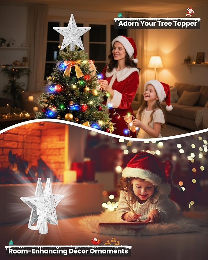 Christmas Tree Topper Star Lighted with 32.8ft Breathing Flickering Light Cord & 6 LED Projection Modes, Silver Christmas Star Topper for Indoor Xmas Holiday Tree Decoration
