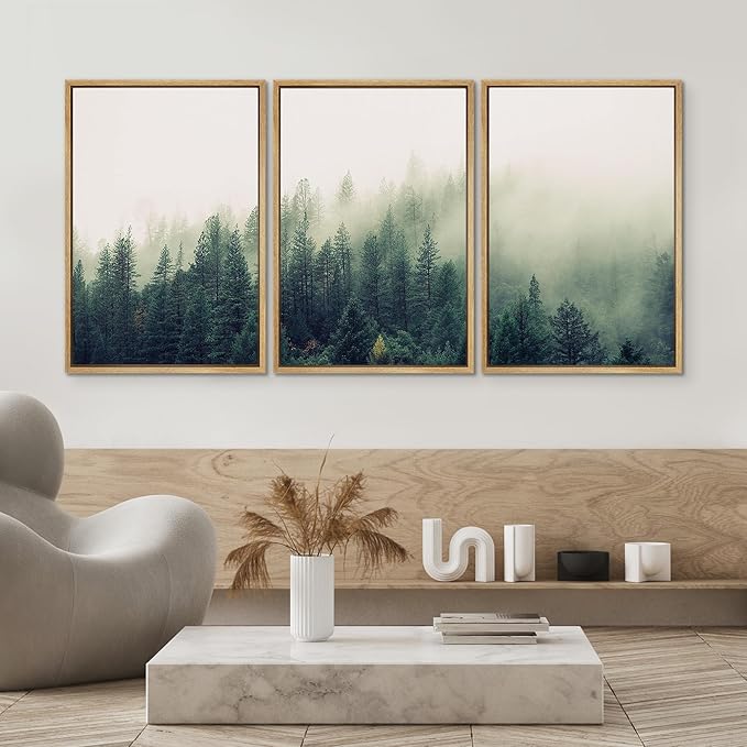 SIGNWIN 3 Piece Framed Canvas Wall Art Green Foggy Mountains Nature Wilderness Photography Abstract Rustic Aerial Canvas Prints Home Artwork Decoration for Living Room,Bedroom - 24"x36"x3 Natural
