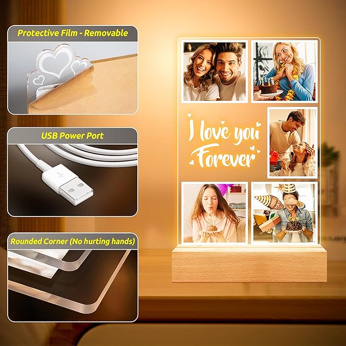 Custom Picture Frames, Customized Photo Frame with Night Light, Personalized Picture Frame, Personalized Anniversary Christmas Birthday Gifts for Women Men Girlfriend Boyfriend Couples Him Her