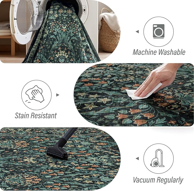 Woaboy Washable 2.6x8 Runner Area Rug, Hallway Kitchen Bedroom Beside Laundry Room Bathroom Rug，Non-Slip Low Pile Stain Resistant Soft Carpet for Vintage Boho Floral Home Decor Dark Green