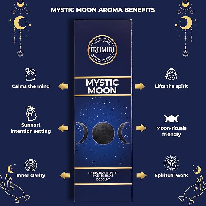 Mystic Moon Incense Sticks - Pack of 100 Insence-Sticks for Invoking Moon Magic - Made with Natural Raw Ingredients - Scented Insense Spiritual Inciensos Incents