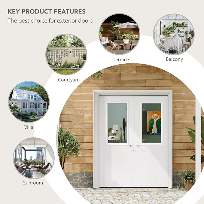 Exterior Doors, 60" x 80", 1-Panel Clear Glass Front Door, Solid Wood & MDF Entry Doors, Waterproof Primed, Easy DIY Install