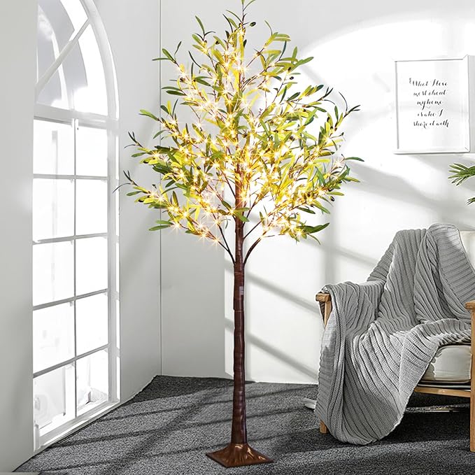 Artificial Lighted Olive Tree, Vanthylit 6ft Faux Plant Tree with 300 LED Fairy Lights, Prelit Fake Eucalyptus Greenery Tree Light with Leaves and Fruits Indoor Outdoor Home Bedroom Christmas Decor
