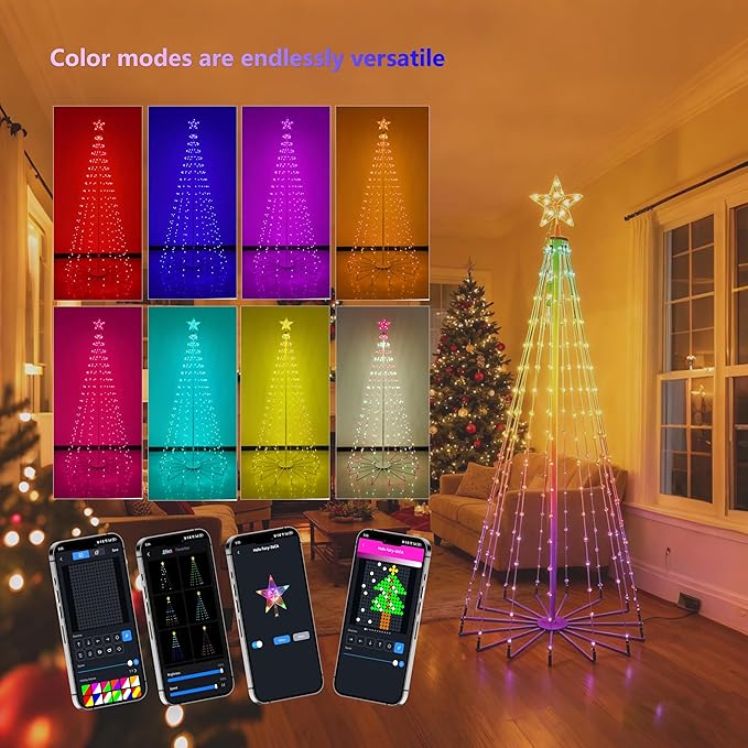 7FT Outdoor Christmas Tree, Star Tree Topper with Removable Bracket, App Control, Sync with Music, Waterfall Colored Lights, 16 Million RGB Colors, IP44 Waterproof, Holiday Christmas Decoration