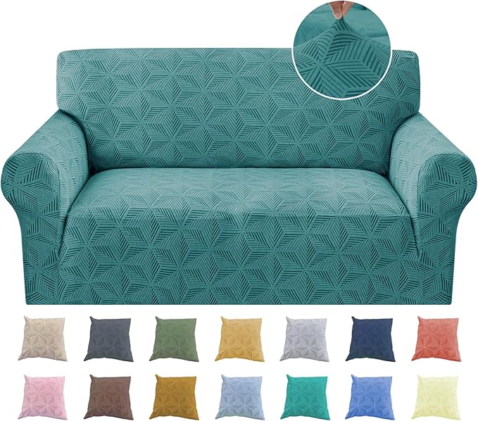 YEMYHOM 1 Piece Stretch Couch Covers for 2 Cushion Couch, Jacquard Loveseat Cover with Non-Slip Elastic Bottom, Thickened Slipcover Furniture Protector for Dogs Pets (Medium, Peacock Blue）