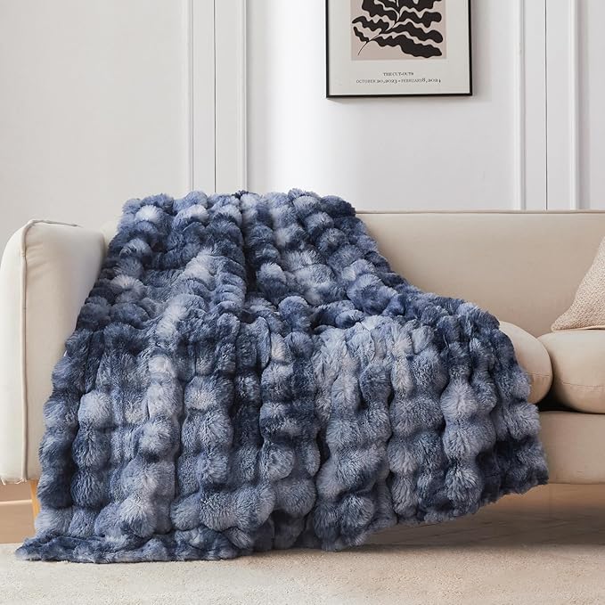 COOVA Faux Fur Throw Blanket for Couch, Cozy Soft and Fuzzy Plush Rabbit Fur Bubble Blanket for Sofa Bedroom Living Room, 50x60 Inches Tie Dye Light Blue