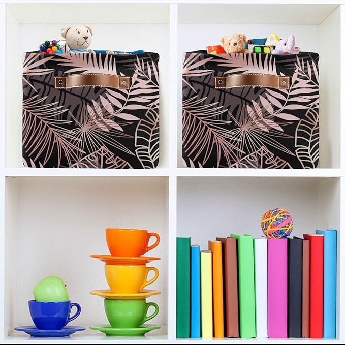 susiyo Large Foldable Storage Bin Rose Gold Palm Leaves Fabric Storage Baskets Collapsible Decorative Baskets Organizing Basket Bin with PU Handles for Shelves Home Closet Bedroom Living Room-2Pack