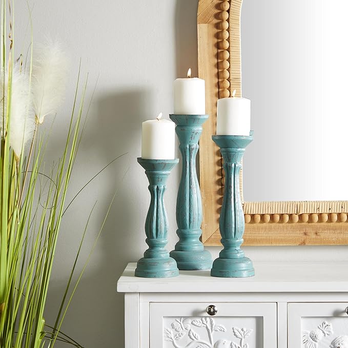 Deco 79 Wooden Decorative Candle Holder Distressed Candle Stand, Set of 3 Candlestick Holder 15", 13", 11"H, Blue