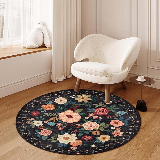 DUKINO Floral Round Rug, 4ft Washable Round Area Rug, Non Slip Indoor Low Pile Circle Rug, Soft Small Boho Design Circle Rug for Bedroom, Entryway, Living Room, Dining Room,Black