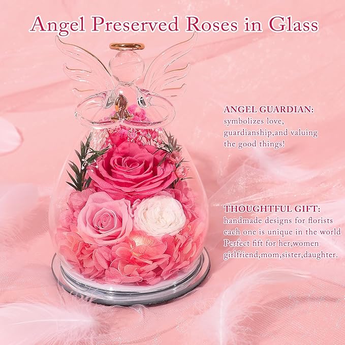 Gifts for Women Preserved Rose Forever Flower in Glass Angel Figurines Fresh Flowers for Delivery Prime Mothers Day Birthday Gifts for Mom Real Pink Roses for Grandma Sister Wife Her from Daughter