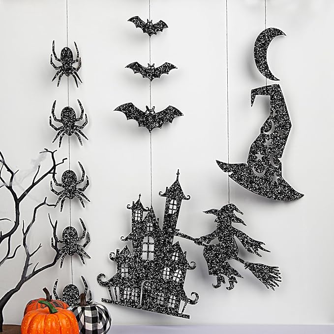 Glitter Black Halloween Hanging Banner Garland Decorations - Ghosts, Witches, Bats, Spiders, Haunted House, Cat and More - Indoor/Outdoor Party Supplies for Gothic Birthday, Home, Office, Classroom