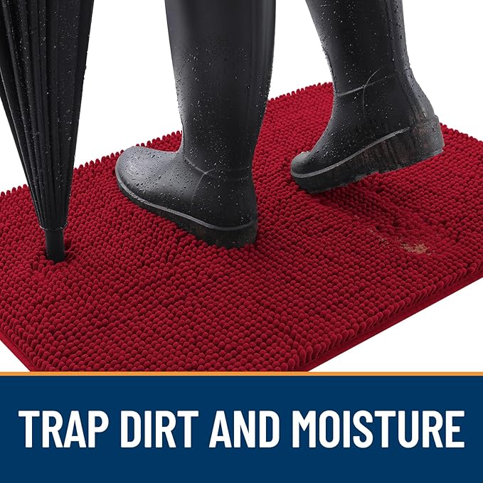 OLANLY Dog Door Mat for Muddy Paws 50x30, Absorbs Moisture and Dirt, Absorbent Non-Slip Washable Doormat, Quick Dry Chenille Mud Mat for Dogs, Entry Indoor Entryway Carpet for Inside Floor, Red