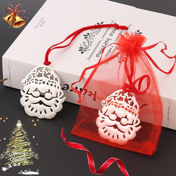 Santa Christmas Ornament -Silver Christmas Tree Ornament Set - Metal Hanging Ornament for Christmas Tree - Christmas Ornament Holidy Annual Keepsake (Santa)