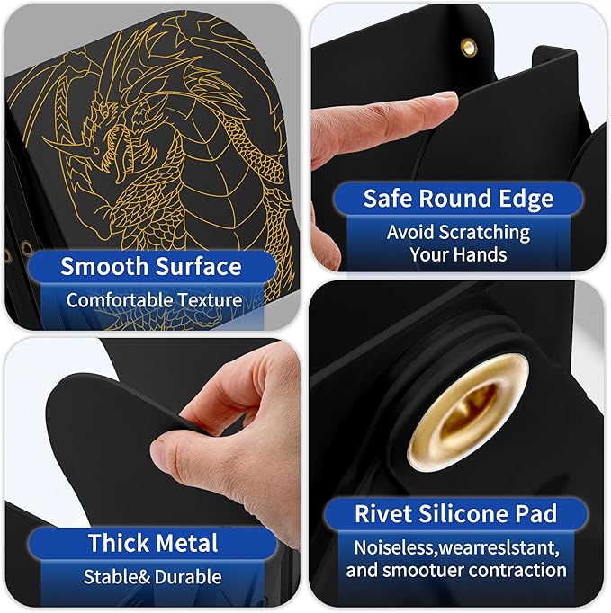 Dragon Bookends, Adjustable Bookends, Unique Book Holders for Shelves, Metal Book Ends for Heavy Books, Non-Skid Book Stander for Desk, Shelf, Office, Stationery Gift (Black)