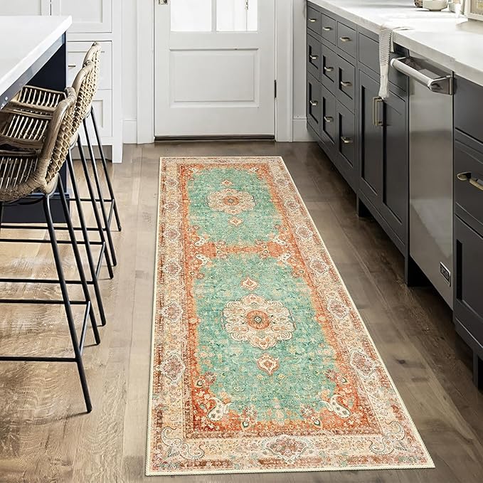 Washable Runner Rug 2x6,Boho Rug Runners Non Slip,Long Rugs for Hallways Kitchen Bedroom Entryway Bathroom,Vintage Bohemian Distressed Farmhouse Floor Carpet,Retro Orange Green Floral
