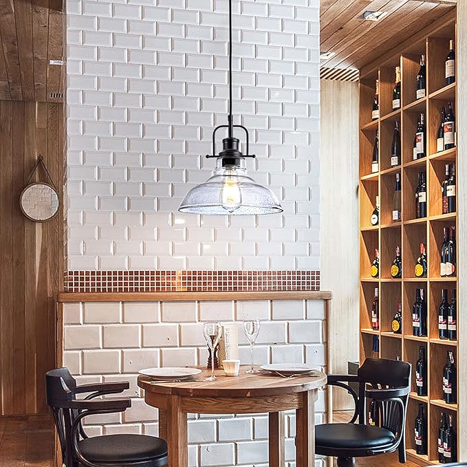 Glass Pendant Light，Black Pendant Light Fixtures with Seeded Glass Shade, Adjustable Height Hanging Lights for Hallway, Kitchen Island, Dinning Room（Bulb not Included）