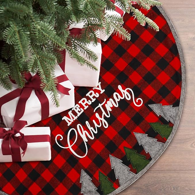 Juegoal 32 Inch Christmas Tree Skirt, Soft Red and Black Plaid Christmas Tree Mat for Xmas Party Decoration, Merry Christmas Base Cover for Christmas Tree Holiday Decor
