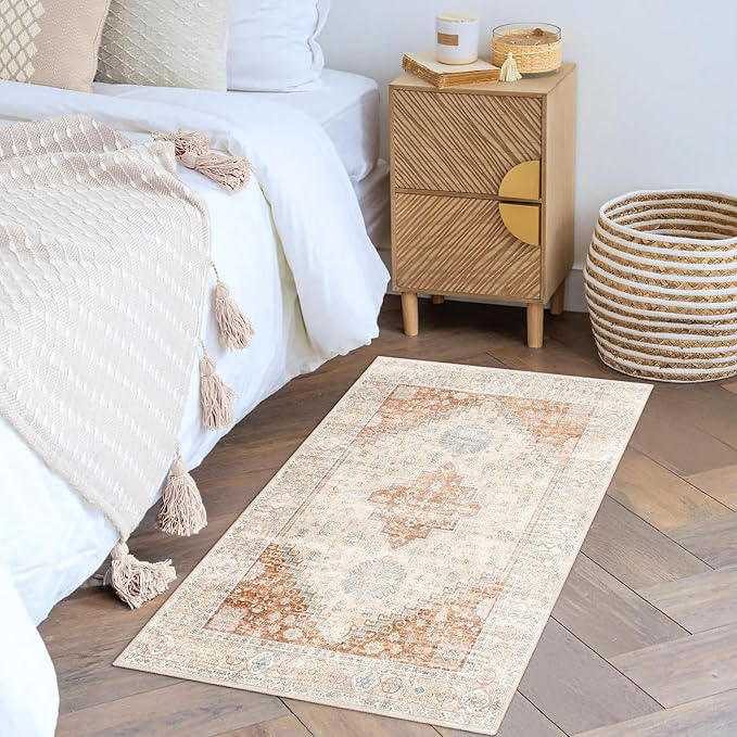 MUJOO Small Rug,2x3 Washable Area Rugs for Bathroom Entryway Entry Entrance Bedroom,Indoor Front Door Mat Non Slip Throw Carpet Boho Low Pile Terracotta