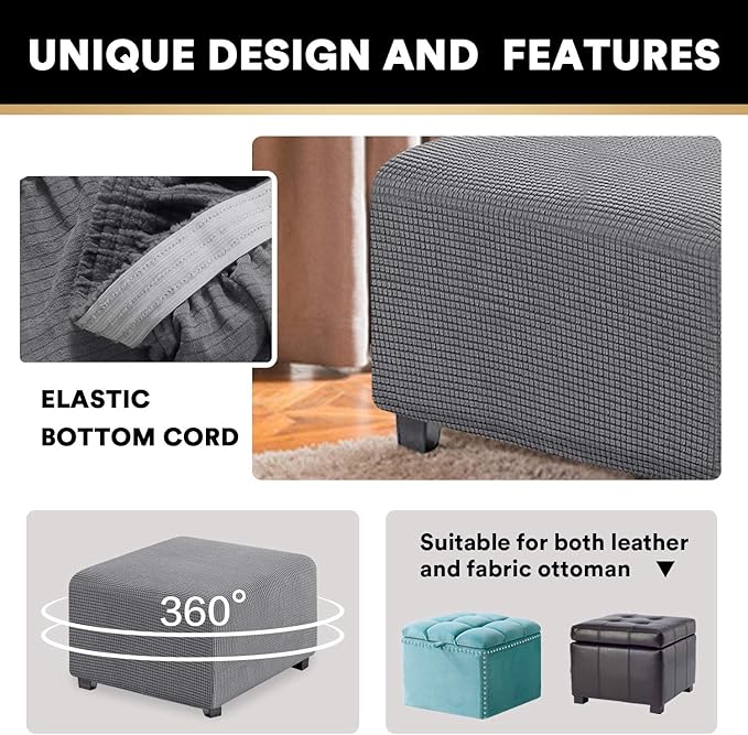 PrinceDeco Stretch Ottoman Cover Ottoman Slipcovers Square for Living Room Foot Stool Stretch Covers to Fit Ottoman Foot Rest, Thick Checked Jacquard Fabric with Elastic Bottom (Medium Size, Grey)