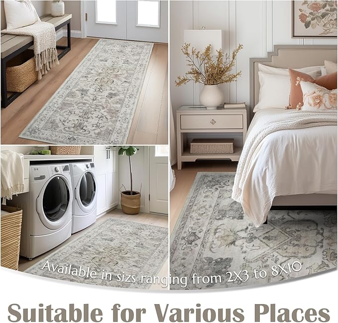 jinchan 6x9 Area Rugs for Living Room Washable Soft Throw Rug Ultra-Thin Stain Resistant Non-Slip Distressed Vintage Floral Large Carpet for Bedroom,Dining Room,Home Office,Nursery (6x9ft,Taupe)