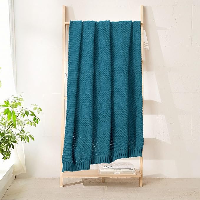 Knitted Throw Blanket 60"X80", Teal Knit Throws for Bed, Super Soft Boho Chevron Blankets for Couch Sofa Chair Room Decor, Textured Decorative Farmhouse Cozy Lightweight