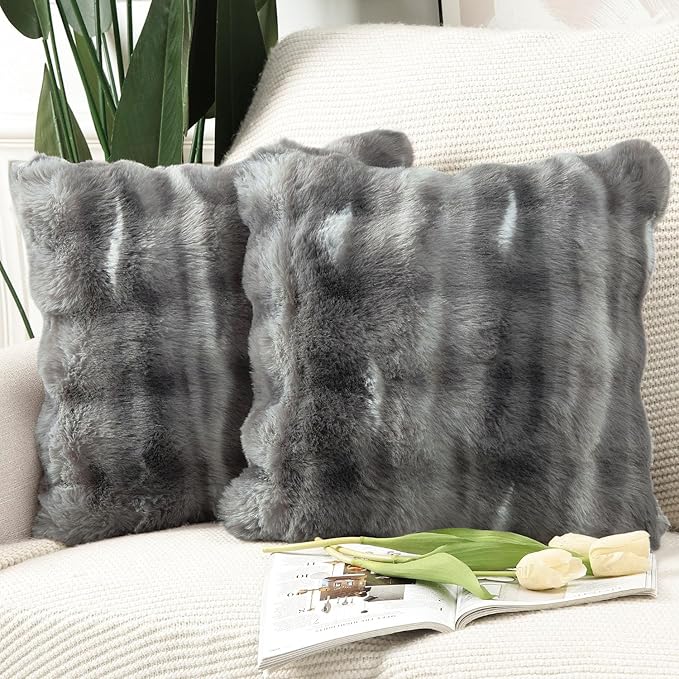MADIZZ Pack of 2 Thick Plush Wool Throw Pillow Covers 22x22 Inch Dark Grey Soft Neutral Decorative Throw Pillows Accent Boho Cushion Covers for Couch Sofa Bedroom Pillow Shell
