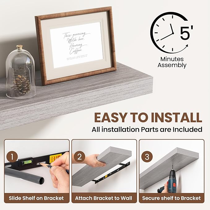 36 Inch Floating Shelves for Wall 2 Pack, 36" Wall Shelves for Books, Storage, Decor, Wall Mounted Floating Shelf with Invisible Brackets for Kitchen, Living Room, Gray