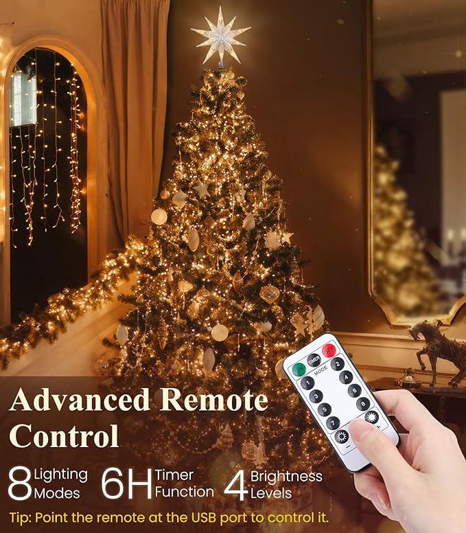 Luxspire Christmas Tree Topper, Lighted Star Tree Topper with USB Plug-in & Remote Control, 9.8" Christmas Tree Star Lights for Home Holiday Decor, 6H Timer & 8 Lighting Modes, Silver