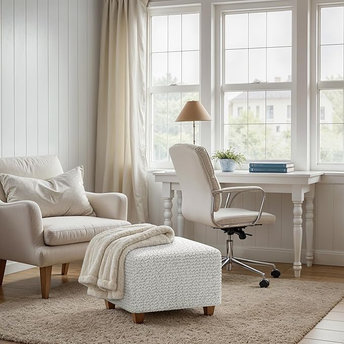 PAULATO BY GA.I.CO. Small Ottoman Cover Stool Cover Pouf Slipcover - Soft Polyester Fabric Slipcover - 1-Piece Form Fit Stretch Furniture Protector - Microfibra Collection - Crisp White (Ottoman)