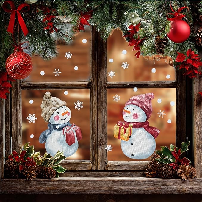 Christmas Snowman Wall Decals Stickers — Cute Winter Snowmen with Gift Boxes and Snowflakes Removable Vinyl Wall Decor for Living Room, Bedroom, Office, Holiday Decoration