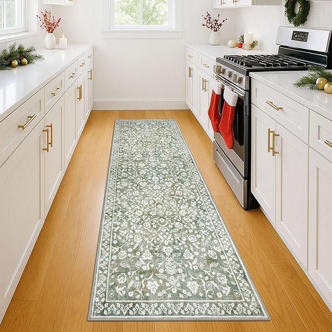 Vintage Washable Runner Rug 2x6, Sage Green Beige Runners for hallways, Super Soft Kitchen Runner Rug Non Slip, Printed Faux Wool Floral Thin Carpet Runner for Entryway Laundry Room Bedroom