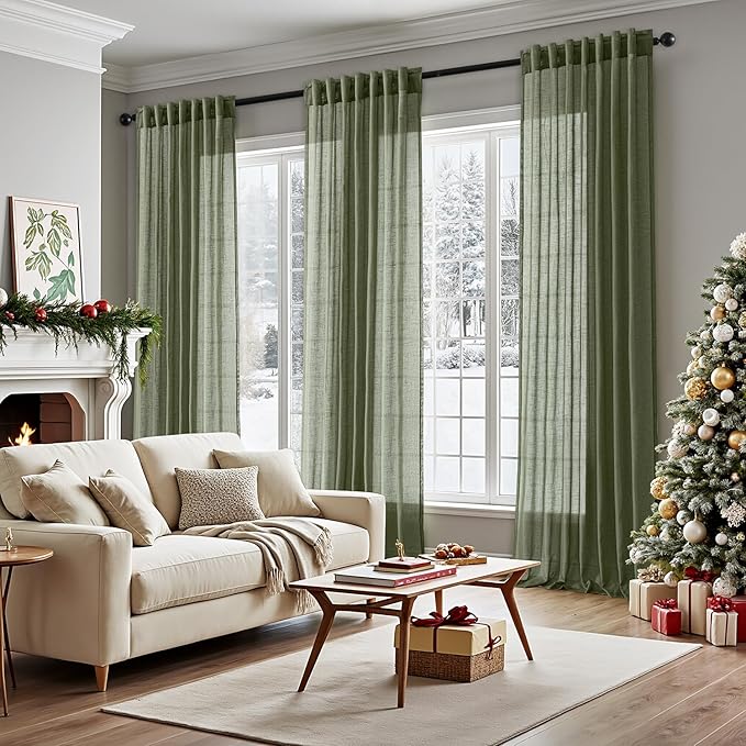 Olive Green Linen Curtains 108 inches Long 2 Panel Set for Living Room Back Tab Light Filtering Semi Sheer Flax Linen Textured Extra Long Ceiling to Floor Window Drapes For Large Window Hallway Office