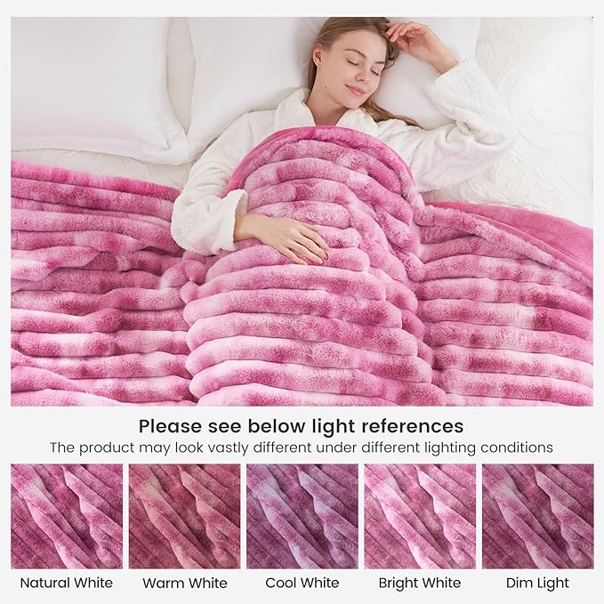 Cozy Bliss Faux Fur Throw Blanket for Couch, Cozy Warm Plush Striped Blanket for Sofa Bedroom Living Room, 60 * 80 Inches Tie-dye Pink