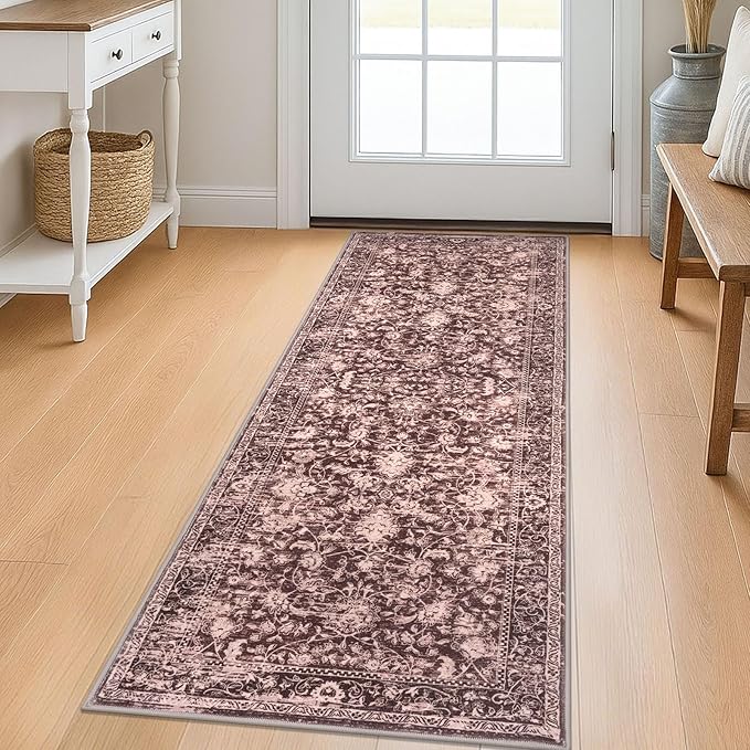 KILOCOCO Hallway Runner 2x5 Kitchen Runner Rug Printed Vintage Floral Washable Non-Slip Runners for Hallways Laundry Room Rugs Distressed Boho Rug Runners for Bedroom, Red