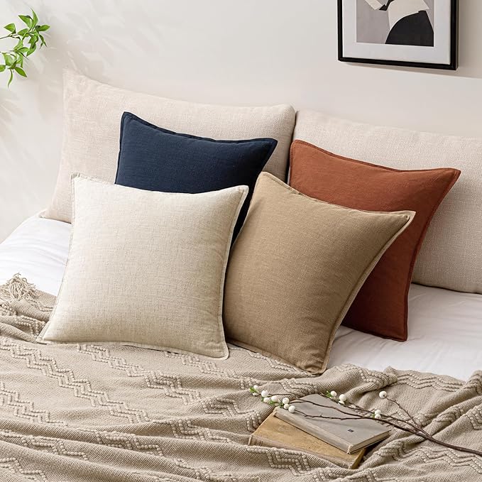 Woaboy 20x20 Inch Set of 2 Decorative Linen Solid Throw Pillow Covers Boho Accent Farmhouse Couch Pillowcases Modern Netural Home Decor for Couch Sofa Living Room Bed,Light Brown