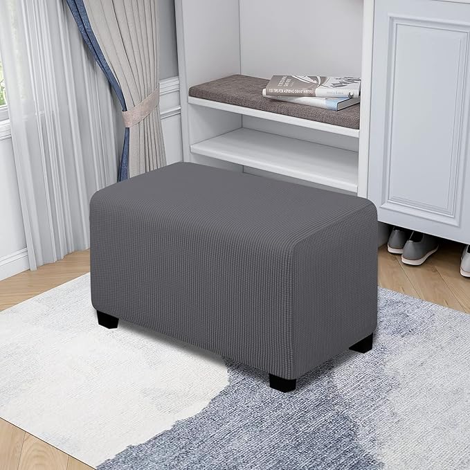 Easy-Going Stretch Ottoman Cover Folding Storage Stool Furniture Protector Soft Rectangle slipcover with Elastic Bottom(Ottoman Small,Grey)