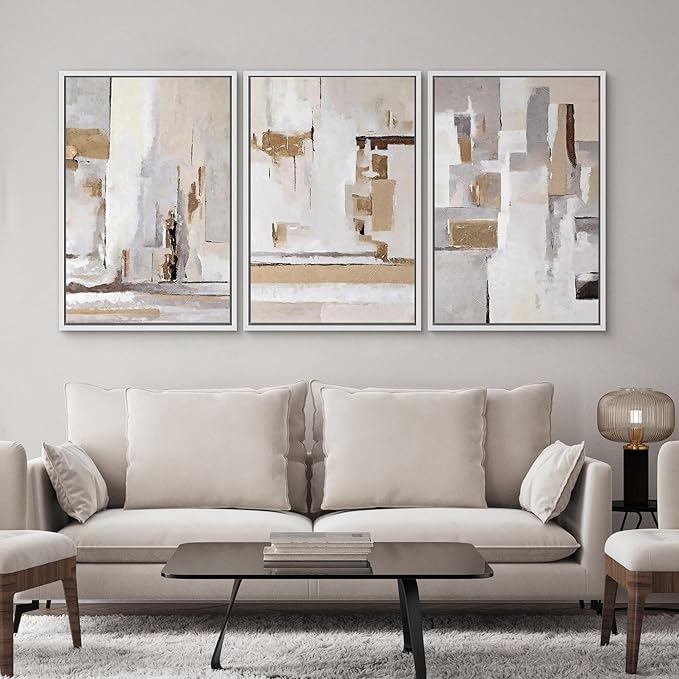 SIGNWIN Framed Canvas Print Wall Art Set Abstract Geometric Neutral Beige and White Illustrations Modern Art Decorative Rustic Calm/Zen for Living Room, Bedroom, Office - 24"x36"x3 White