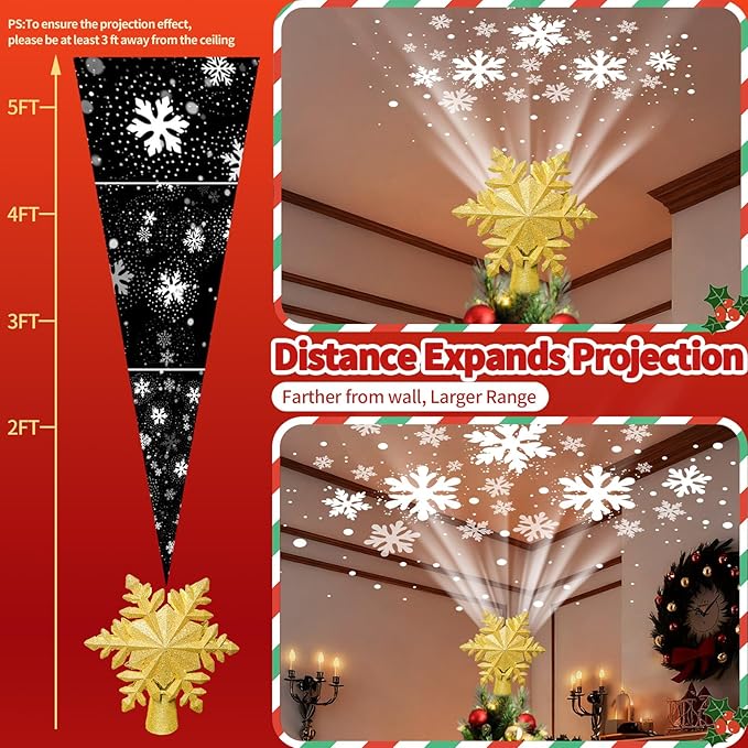 [6 Patterns] 9.05 inch Christmas Tree Topper Projector Snowflake with 6 Patterns Gold Snowflake Projector Tree Topper Plug in for Indoor Office Xmas New Year Holiday (Gold,3m Cable)