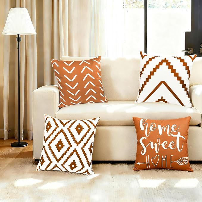 Decorative Throw Pillow Covers 18x18 inch Set of 4 Orange Pillow Covers for Couch Sofa Bed Living Room,Farmhouse Outdoor Throw Pillow Cover,Modern Geometric Linen Square Throw Pillow Cases