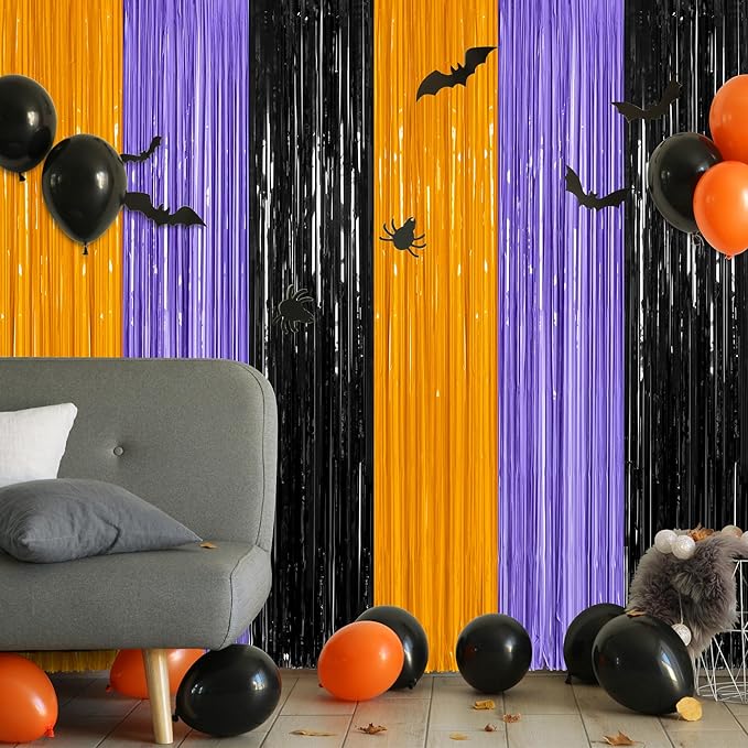 4 Pack Halloween Decorations, 3.28 FT x 7.05 FT Orange Purple Black Party Streamer, Funny Photo Backdrop Foil Curtains Fringe Tinsel, Halloween Door Decor Party Supplies Indoor