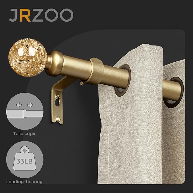 Gold Curtain Rods for Windows 28 to 48 Inch, 1'' Heavy Duty Adjustable Drapery Rod with Unique Crystal Ball Finials, Modern Decorative Curtain Rod,Size; 30-60''