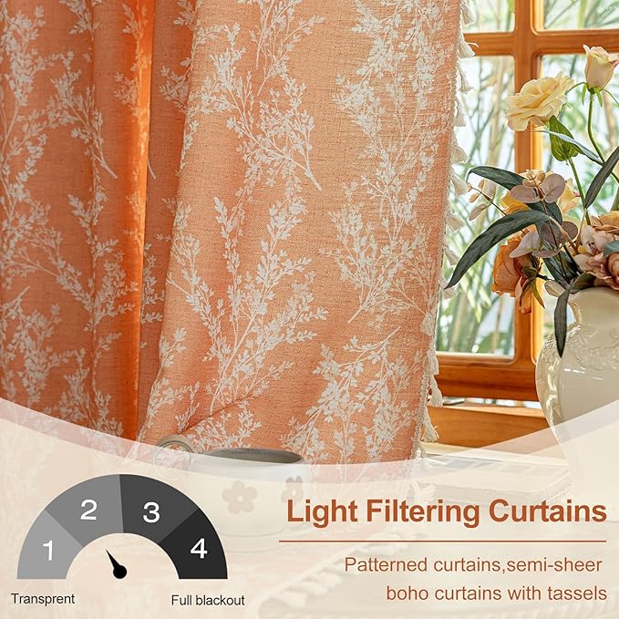 OYX Orange Curtains 96 Inch Length Boho Farmhouse Printed Floral Curtains for Bedroom 2 Panels, Burnt Semi Sheer Vintage Rustic Drapes for Living Room, Rod Pocket Tassel Decor Window Treatment