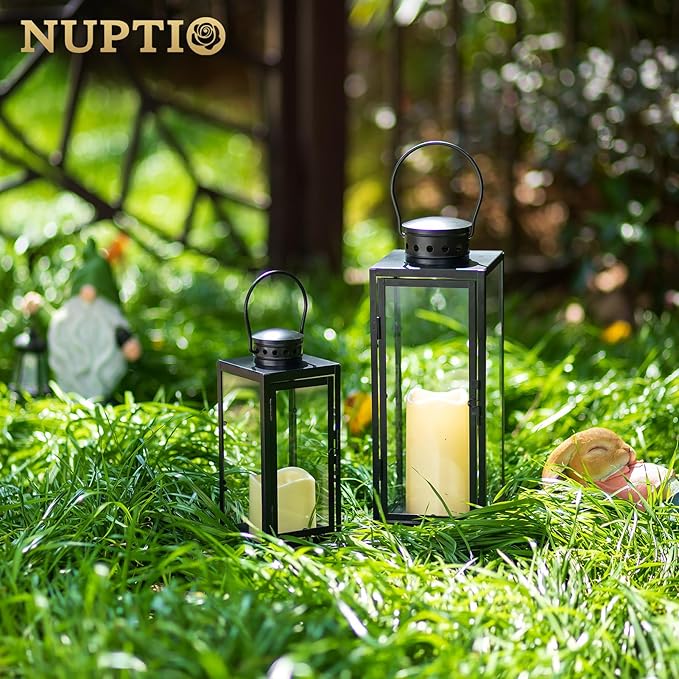 NUPTIO Lanterns Decorative Indoor Black: 9.5 & 13.8 inch Tall Wedding Hurricane Lantern with Glass Panel Set of 2 Modern Iron Candle Holders for Christmas Thanksgiving Front Porch Fireplace Decor