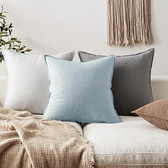 EMEMA Throw Pillow Covers Decorative Linen Pillow Covers 18x18 Inch Light Blue Boho Farmhouse Neutral Couch Throw Pillows for Bed Pack of 2 Accent Pillowcase Modern Sofa Cushion Livingroom Home