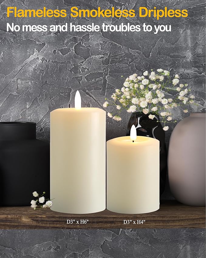 3"x6" Flickering Flameless Candles with Remote Timer, Real Wax, Ivory Pillar Candles, Set of 3 Large LED Battery Operated Candles for Home, Fireplace, Centerpiece, Rustic and Farmhouse Decor